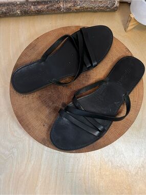 Madewell Boardwalk Skinny-Strap Slide Sandals - Black Leather - Size 10